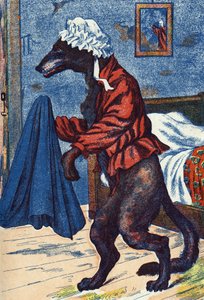 Le loup met les vêtements de la grand-mère. Illustration anonyme pour « Le Petit Chaperon rouge », conte de Charles Perrault (1628-1703), écrivain français. Imagerie Marcel Vagne, Jarville Nancy, fin du XIXe siècle.