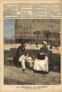 Le déjeuner des ouvriers, reproduction du tableau de Henri Cain (1859-1930), peintre et dramaturge. Gravure dans « Le petit journal » 18/04/1891. Collection Selva