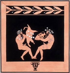 Deux faunes mangeant et buvant du vin - « Peintures de vases antiques, vulgairement appelés étrusques », tirées de diverses collections et gravées par A. Clener, accompagnées d