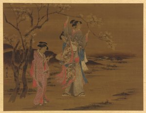Deux filles et un homme sous un cerisier