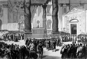 Concile Vatican I. Rome. Les prélats traversant la basilique Saint-Pierre pour se rendre à la salle du Conseil. 1870