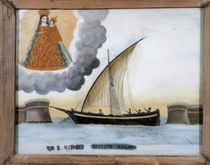 Navire en difficulté - peinture sur verre, ex-voto de Notre Dame de Laghet