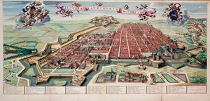 Vue et plan de la ville de Turin en 1700. Gravure en couleur