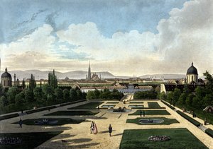Vue du Belvédère de Vienne, palais baroque autrichien construit par Eugène de Savoie. Lithographie du 19ème siècle