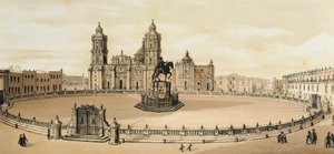 Vue de la place Zócalo et de la cathédrale à Mexico, Mexique. Lithographie de la fin du XIXe siècle