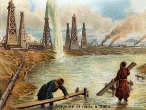 Vue des puits de pétrole à Bakou, Azerbaïdjan. Chromolithographie vers 1890. - Unknown artist
