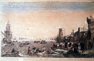 Vue de la ville et du port de Tunis en barbarie sur la mer Méditerranée - Pirates capturés arrivant au port de La Goulette à Tunis. Gravure du 18ème siècle