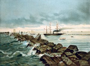 Vue du canal de Suez inauguré le 17/09/1869. Chromolithographie du 19ème siècle