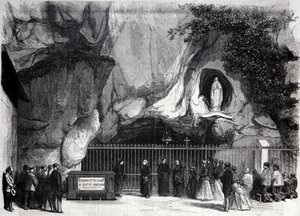 Vue de la grotte de Lourdes dans les Hautes-Pyrénées où la Vierge est apparue à Bernadette Soubirous (1844-1879) en 1858, lieu de pèlerinage actuel. Gravure du 19ème siècle. - Unknown artist