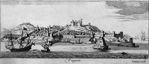 Vue de la ville fortifiée de Tanger et de la côte, Maroc. Gravure du 18ème siècle