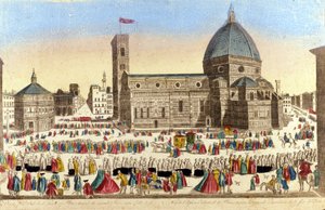 Vue de la grande cathédrale de Florence (Duomo Santa Maria del Fiore) réalisée par Filippo Brunelleschi, le jour de la procession du Saint-Dieu. Vers 1790