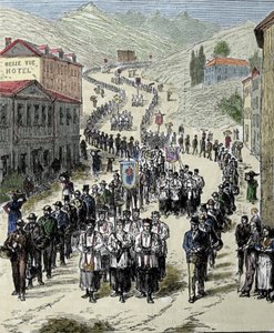 Vue de la procession de la gare à la grotte de Lourdes dans les Hautes-Pyrénées où la Vierge est apparue à Bernadette Soubirous en 1858, lieu de pèlerinage actuel. Gravure du 19ème siècle - Unknown artist