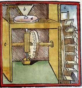 Roue de moulin à eau utilisée pour moudre le blé. Représentation d