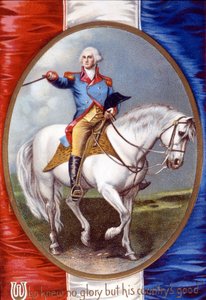 George Washington (1732 - 1799) sur le dos du drapeau français. Chromolithographie du XIXe siècle