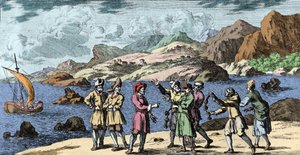 Sorcières et croyances : Finlandais et Samis provoquant une tempête par la magie de trois nœuds. Gravure de "Mundi Mirabilis Oeconomia" par Johann Zahn (1631-1707)