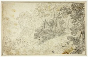 Paysage fluvial boisé avec vue sur un château - Unknown artist