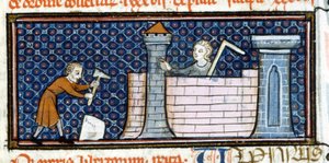 Travailleurs construisant un monastère fortifié, miniature du milieu du XIIIe siècle. Biblioteca Trivulziana