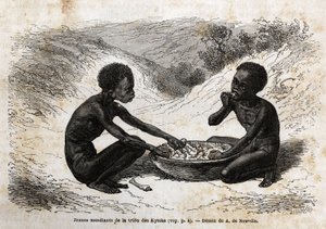 Jeunes mendiants de la tribu Kychi (située dans la région du Haut-Nil) prenant un repas en échange de quelques fagots. Gravure pour illustrer le voyage au lac Albert