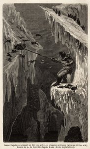 Jeune esquimau attrapant des manchots arctiques. Gravure pour illustrer le voyage vers la mer libre du pôle Arctique, par le Docteur Hayes, chirurgien de la Marine des États-Unis, 1860-1862, publié dans « Le tour du monde, nouveau journal des voyages » - Unknown artist