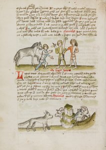Un homme menant un cheval à deux autres hommes ; un loup devant un troupeau de moutons et de béliers - Unknown artist/maker