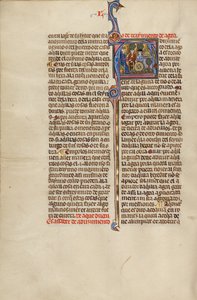 Initiale A : Un juge et deux hommes désignant un aqueduc et une roue de moulin - Unknown artist/maker