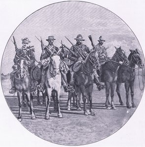 Boers armés de fusils et de parapluies, de Après Pretoria : La guerre de guérilla publiée par Harmsworth Bros Limited
