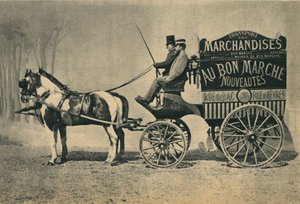 Voiture de livraison du magasin Au Bon Marché à Paris, rue du Bac et rue de Sèvres. Photographie, fin du 19e siècle, Paris. Coll. Selva