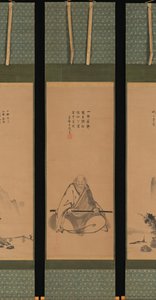 Maître Zen avec bâton de méditation, et paysages de style chinois, probablement fin des années 1620-1644