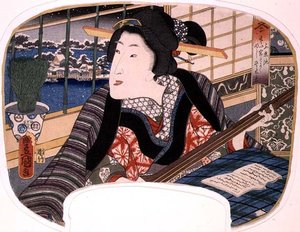 Hiver, étang de Shinobazu ; une geisha pratiquant une ballade, design pour un éventail d