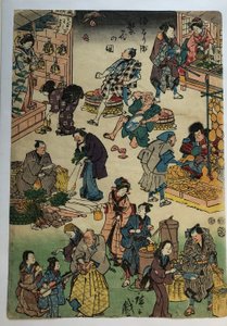 Personnages de pièces de théâtre incarnant des marchands et des clients, tirés de la série « Le quartier prospère du Jōruri » - Utagawa Hiroshige