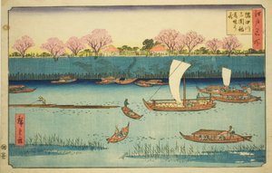 Cerisiers le long de la berge de la rivière Sumida au sanctuaire Mimeguri Inari (Sumidagawa Mimeguri Inari tsutsumi no hana), de la série "Lieux célèbres d