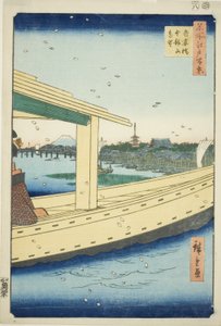 Vue lointaine du pont Azuma et du temple Kinryuzan, de la série "Cent vues célèbres d