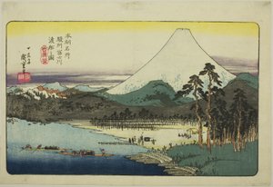 Bateaux de Ferry Traversant la Rivière Fuji dans la Province de Suruga, de la série "Lieux Célèbres du Japon" - Utagawa Hiroshige