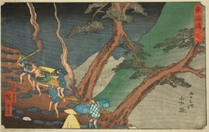 Hakone : Voyage avec des torches de pin dans la nuit (Hakone, yonaka taimatsu tori) - No. 11, de la série "Les cinquante-trois stations du Tokaido (Tokaido gojusan tsugi)", également connue sous le nom de Reisho Tokaido