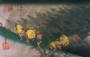 Hiroshige, Voyageurs surpris par une pluie soudaine - Utagawa Hiroshige
