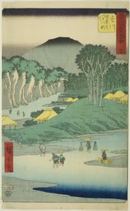 Kakegawa : Traversée des quarante-huit rapides sur la route Akiba, no. 27 de la série "Vues célèbres des cinquante-trois stations," également connue sous le nom de Tokaido vertical