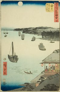 Kanagawa : Vue sur la mer depuis les maisons de thé sur la colline, no. 4 de la série "Vues célèbres des cinquante-trois stations" - Utagawa Hiroshige