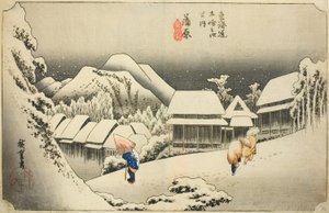 Kanbara : Neige du soir (Kanbara, yoru no yuki), de la série "Cinquante-trois stations du Tokaido (Tokaido gojusan tsugi no uchi)", également connue sous le nom de Tokaido Hoeido