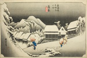 Kanbara: Neige du Soir (Kanbara, yoru no yuki), de la série "Les Cinquante-trois Stations du Tokaido (Tokaido gojusan tsugi no uchi)," également connue sous le nom de Hoeido Tokaido - Utagawa Hiroshige