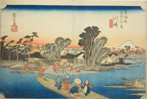 Kawasaki : Le ferry de Rokugo (Kawasaki, Rokugo watashibune), de la série "Les cinquante-trois stations du Tokaido (Tokaido gojusan tsugi no uchi)", également connue sous le nom de Hoeido Tokaido
