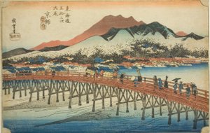 Kyoto : Le grand pont de Sanjo (Keishi, Sanjo ohashi), de la série "Les cinquante-trois stations du Tokaido (Tokaido gojusan tsugi no uchi)", également connue sous le nom de Hoeido Tokaido