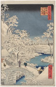 Image du crépuscule au pont du tambour à Meguro, de la série 100 Vues de lieux célèbres à Edo