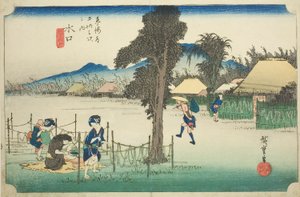 Minakuchi : Copeaux de gourde séchée, une spécialité locale (Minakuchi, meibutsu kanpyo), de la série "Cinquante-trois Stations du Tokaido (Tokaido gojusan tsugi no uchi)," également connu sous le nom de Hoeido Tokaido - Utagawa Hiroshige