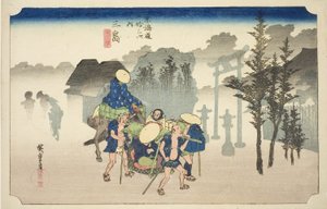 Mishima : Brume matinale (Mishima, asagiri), de la série "Les cinquante-trois stations de la route Tokaido (Tokaido gojusan tsugi no uchi)", également connue sous le nom de Hoeido Tokaido