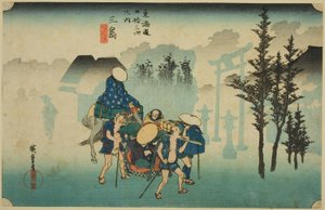 Mishima : Brume matinale (Mishima, asagiri), de la série "Les cinquante-trois stations de la route du Tokaido (Tokaido gojusan tsugi no uchi)", également connue sous le nom de Hoeido Tokaido