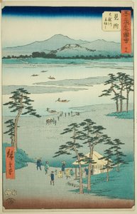 Mitsuke : Traversée en ferry sur la rivière Tenryu (Mitsuke, Tenryugawa funewatashi), no. 29 de la série "Vues célèbres des cinquante-trois stations (Gojusan tsugi meisho zue)," également connue sous le nom de Tokaido vertical