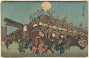 Procession nocturne sous les cerisiers en fleurs le long du Nakanoch? à Shin Yoshiwara - Utagawa Hiroshige