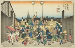Nihonbashi : Procession en départ, de la série "Les cinquante-trois stations de la route du Tokaido"