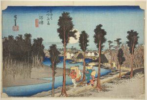 Numazu : Crépuscule (Numazu, tasogare zu), de la série "Les cinquante-trois stations de la route du Tokaido (Tokaido gojusan tsugi no uchi)", également connue sous le nom de Hoeido Tokaido