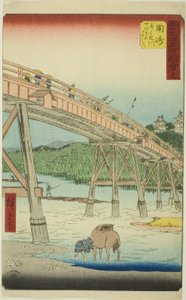 Okazaki : Pont Yahagi sur la rivière Yahagi, no. 39 de la série "Vues célèbres des cinquante-trois stations"